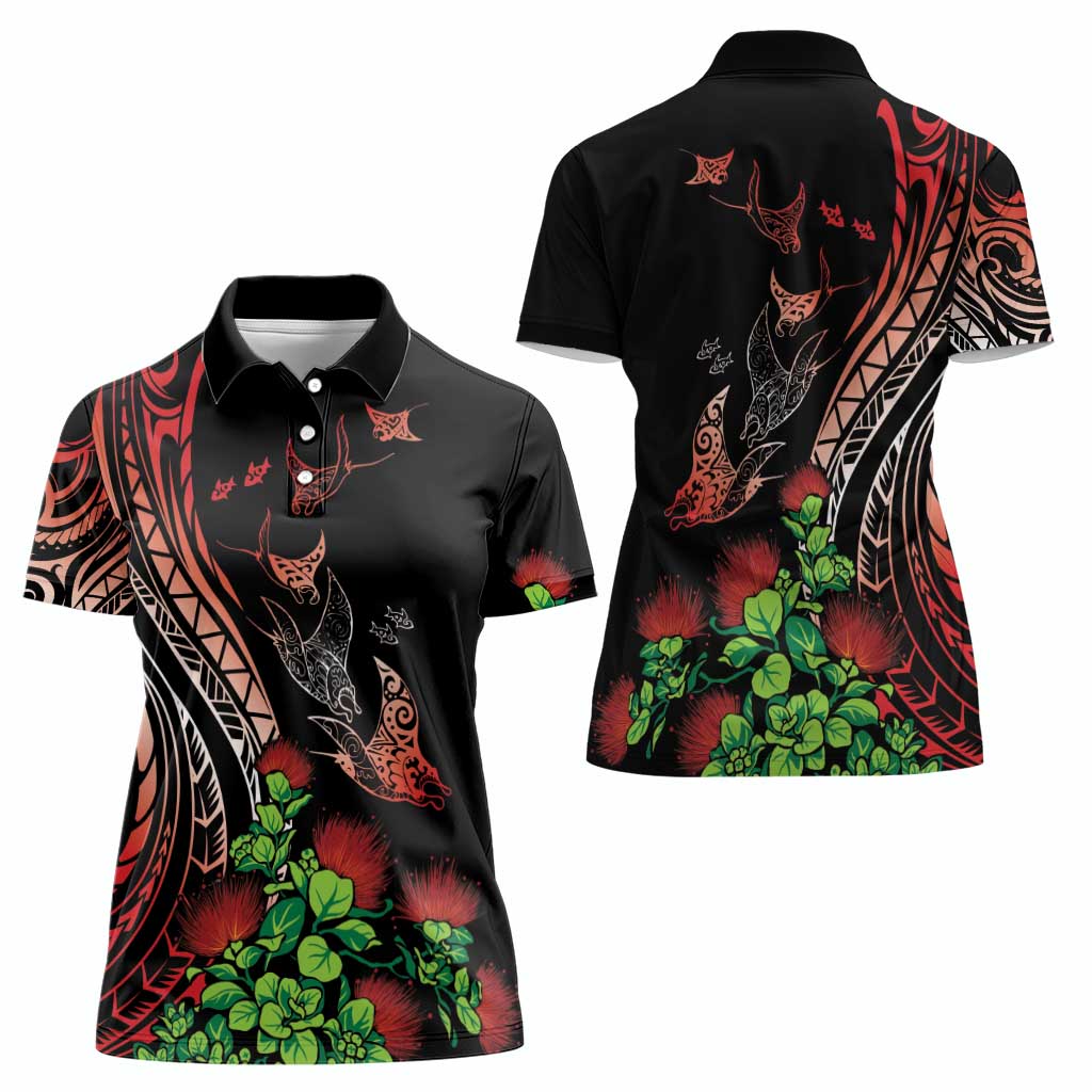 Aloha Hawaii Manta Rays Women Polo Shirt Red Ohia Lehua