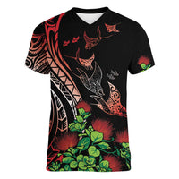 Aloha Hawaii Manta Rays Women V-Neck T-Shirt Red Ohia Lehua LT7 Female Red - Polynesian Pride