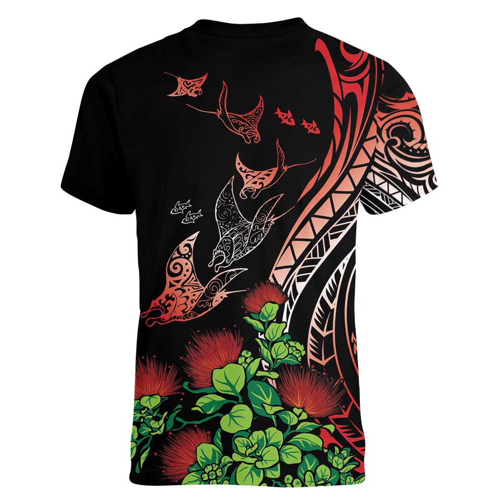 Aloha Hawaii Manta Rays Women V-Neck T-Shirt Red Ohia Lehua LT7 - Polynesian Pride