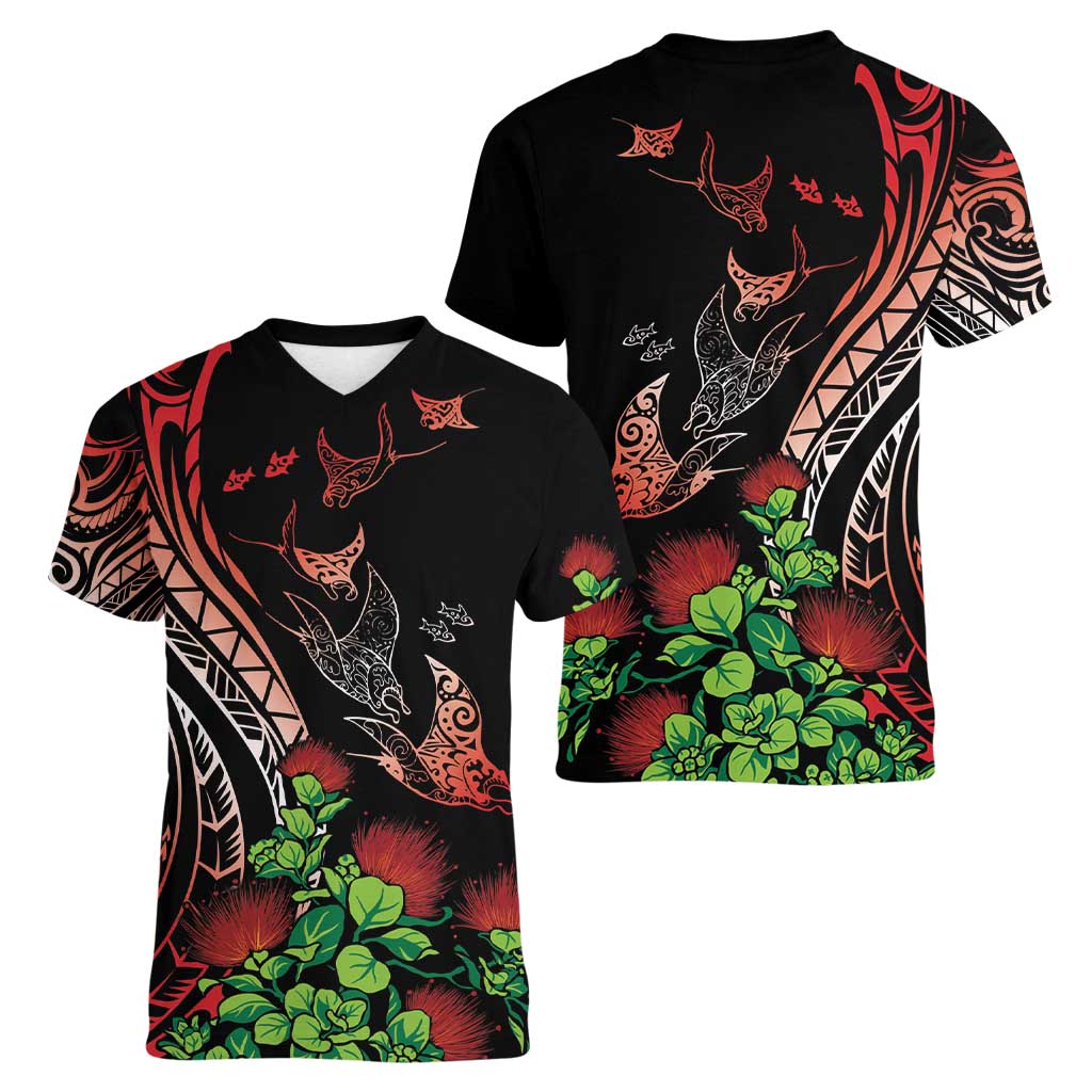 Aloha Hawaii Manta Rays Women V-Neck T-Shirt Red Ohia Lehua LT7 - Polynesian Pride