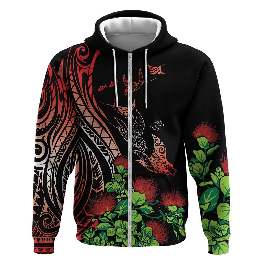 Aloha Hawaii Manta Rays Zip Hoodie Red Ohia Lehua