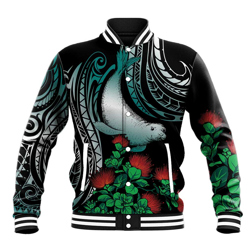 Aloha Hawaii Monk Seal Baseball Jacket Mix Ohia Lehua LT7 Unisex Teal - Polynesian Pride