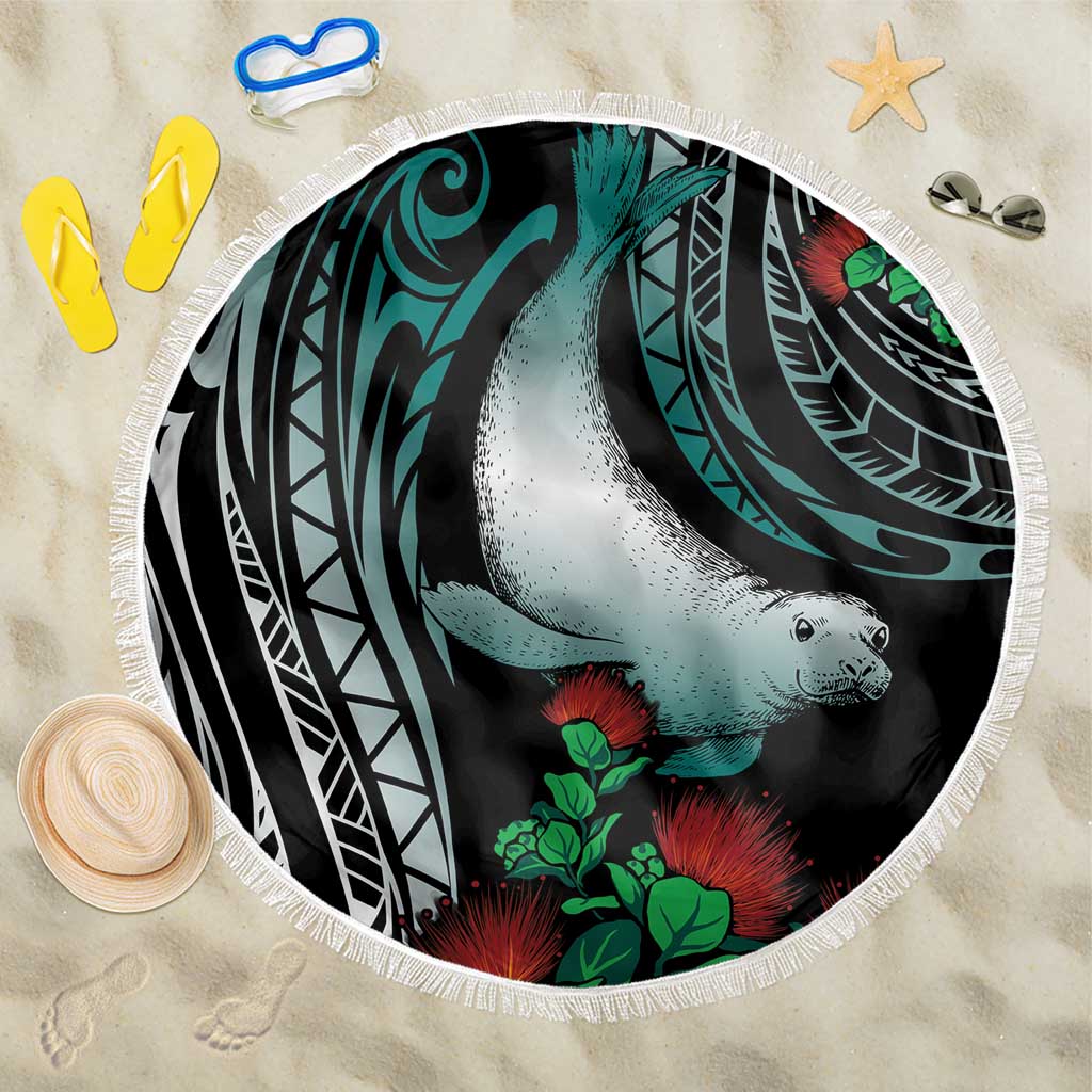Aloha Hawaii Monk Seal Beach Blanket Mix Ohia Lehua LT7 One Size 150cm Teal - Polynesian Pride