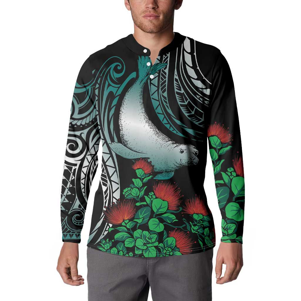 Aloha Hawaii Monk Seal Button Sweatshirt Mix Ohia Lehua LT7 - Polynesian Pride