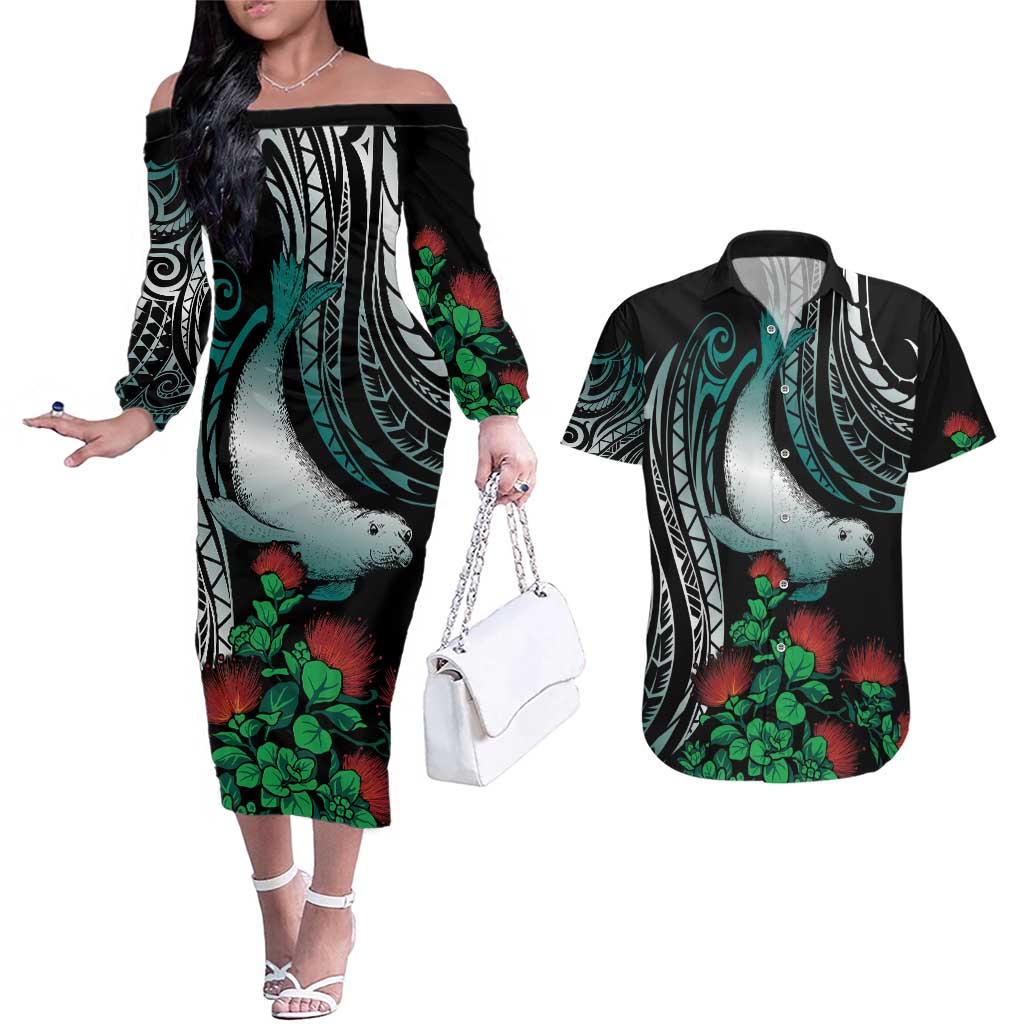 Aloha Hawaii Monk Seal Couples Matching Off The Shoulder Long Sleeve Dress and Hawaiian Shirt Mix Ohia Lehua LT7 Teal - Polynesian Pride