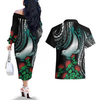 Aloha Hawaii Monk Seal Couples Matching Off The Shoulder Long Sleeve Dress and Hawaiian Shirt Mix Ohia Lehua