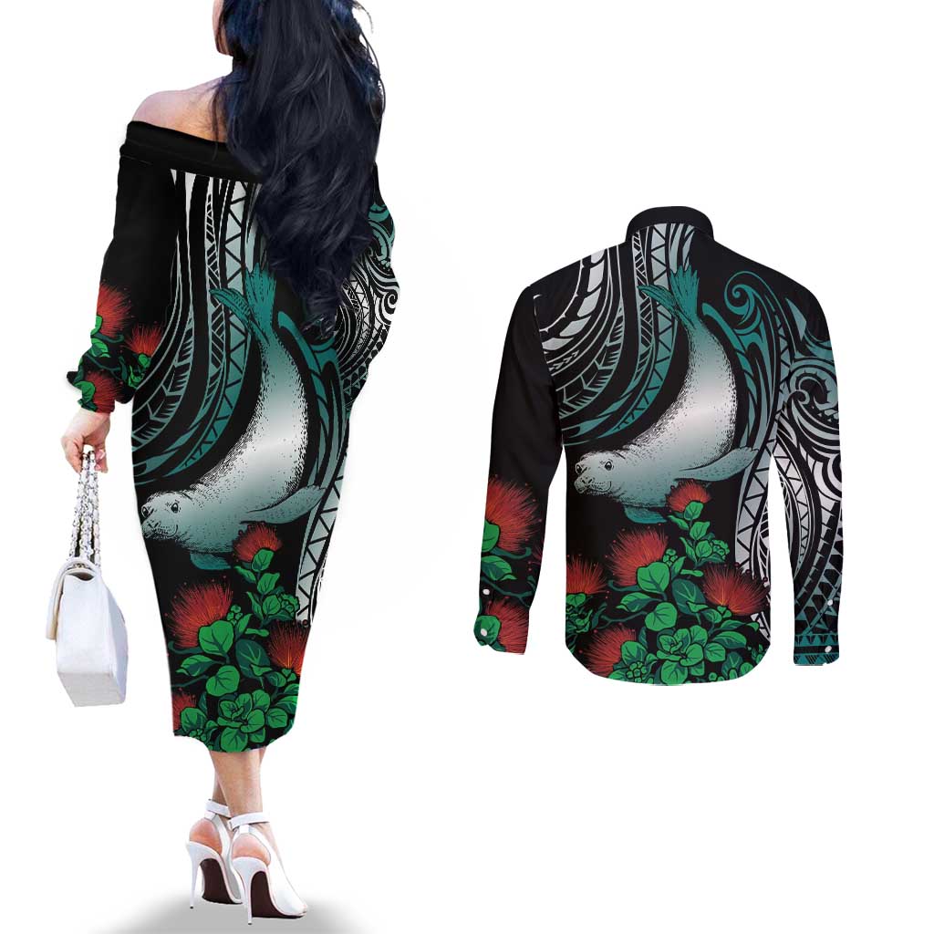 Aloha Hawaii Monk Seal Couples Matching Off The Shoulder Long Sleeve Dress and Long Sleeve Button Shirt Mix Ohia Lehua