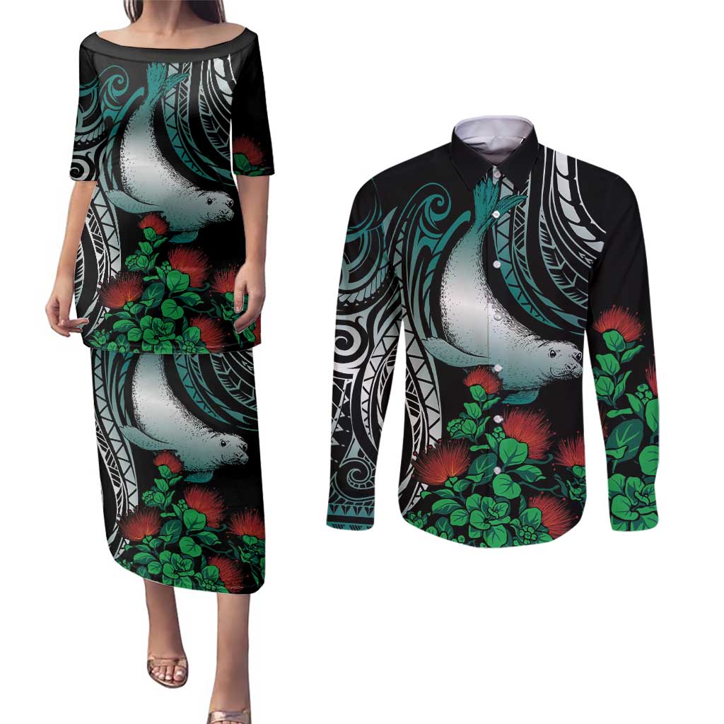 Aloha Hawaii Monk Seal Couples Matching Puletasi and Long Sleeve Button Shirt Mix Ohia Lehua LT7 Teal - Polynesian Pride