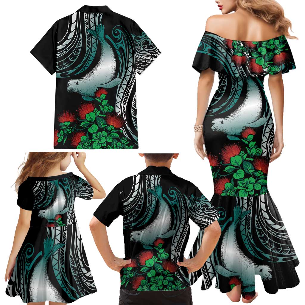 Aloha Hawaii Monk Seal Family Matching Mermaid Dress and Hawaiian Shirt Mix Ohia Lehua