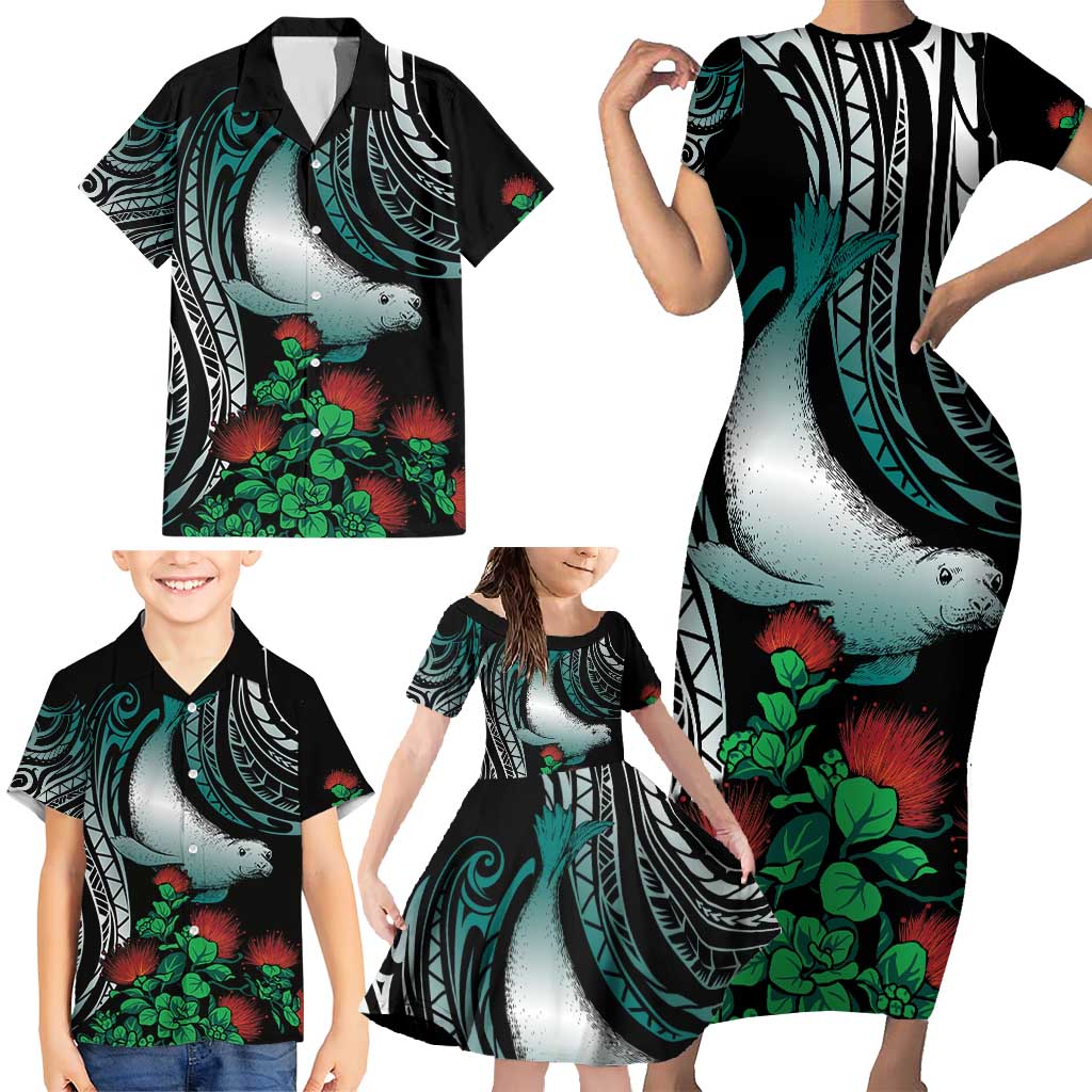 Aloha Hawaii Monk Seal Family Matching Short Sleeve Bodycon Dress and Hawaiian Shirt Mix Ohia Lehua