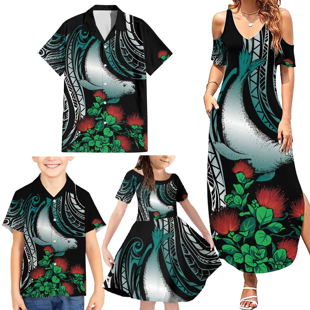 Aloha Hawaii Monk Seal Family Matching Summer Maxi Dress and Hawaiian Shirt Mix Ohia Lehua