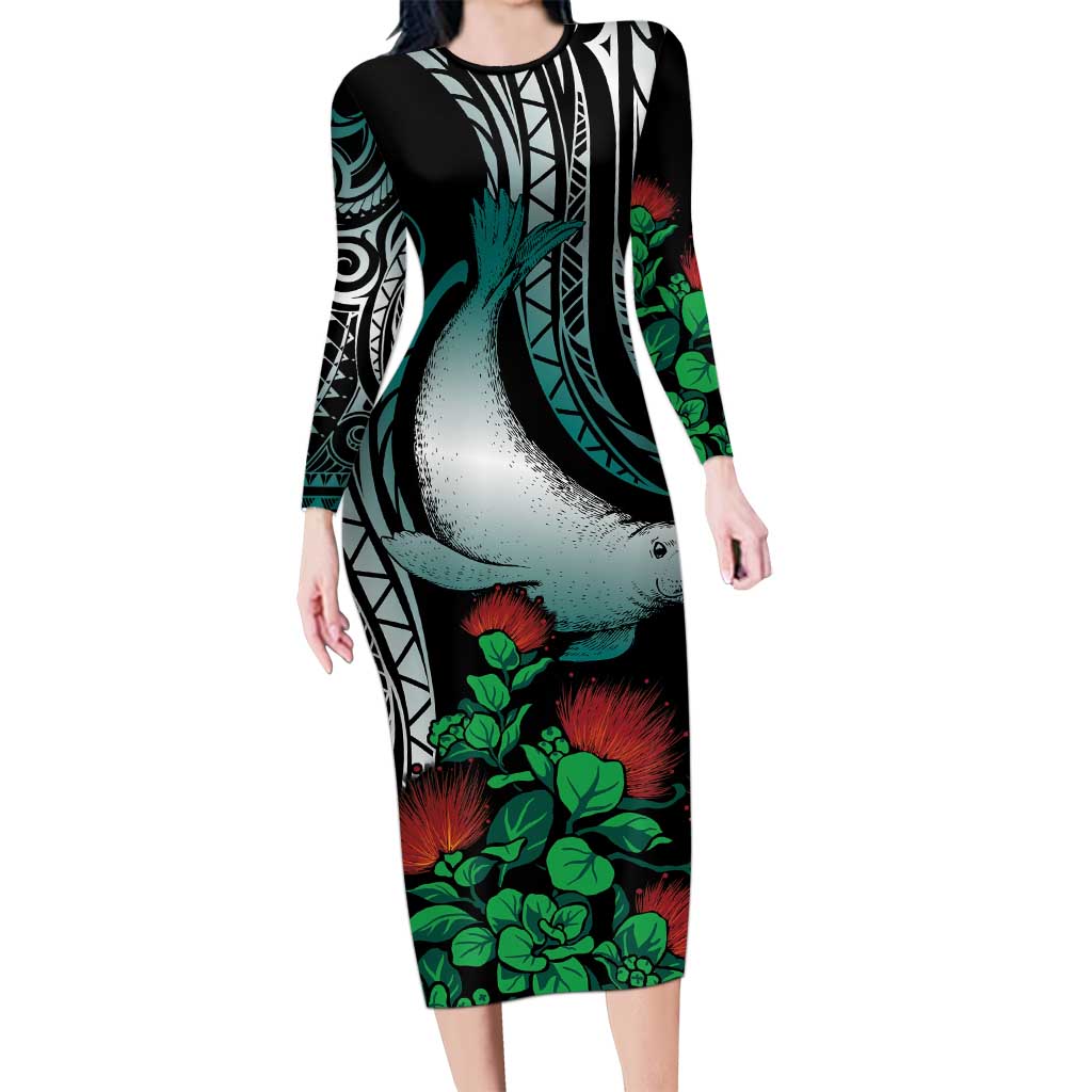 Aloha Hawaii Monk Seal Long Sleeve Bodycon Dress Mix Ohia Lehua