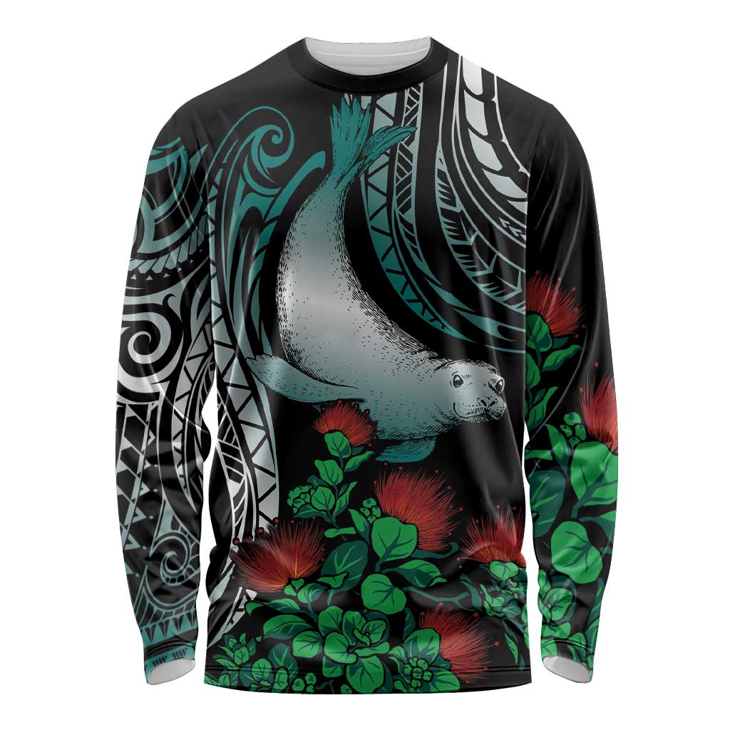 Aloha Hawaii Monk Seal Long Sleeve Shirt Mix Ohia Lehua LT7 Unisex Teal - Polynesian Pride