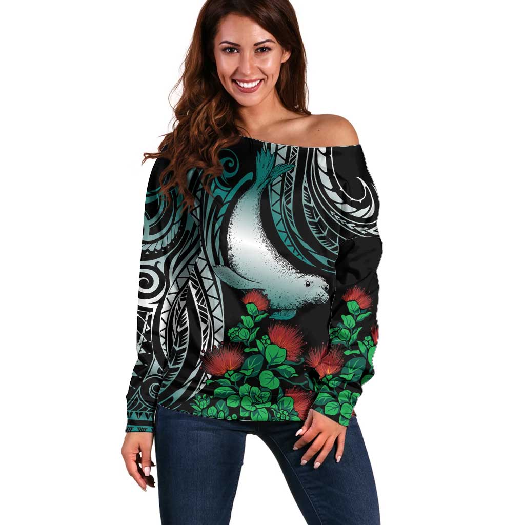 Aloha Hawaii Monk Seal Off Shoulder Sweater Mix Ohia Lehua