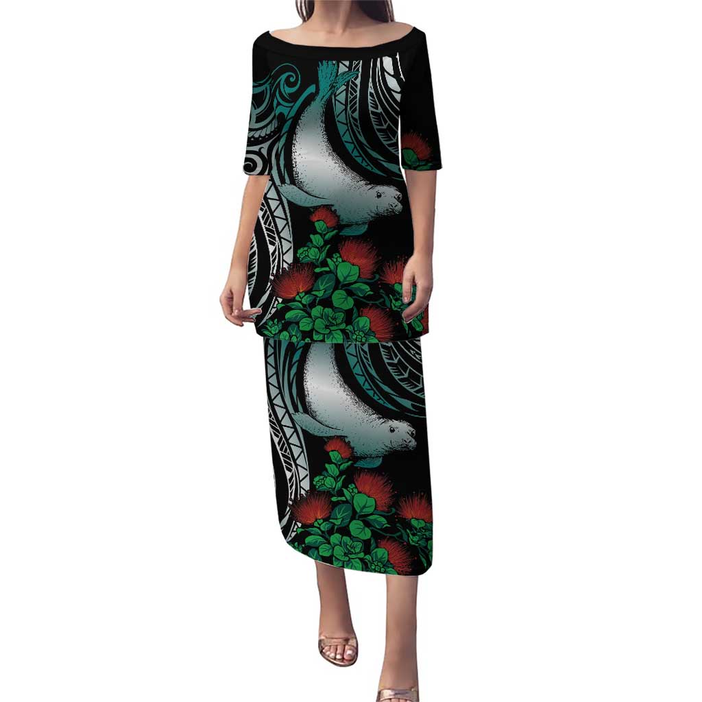 Aloha Hawaii Monk Seal Puletasi Mix Ohia Lehua LT7 Long Dress Teal - Polynesian Pride