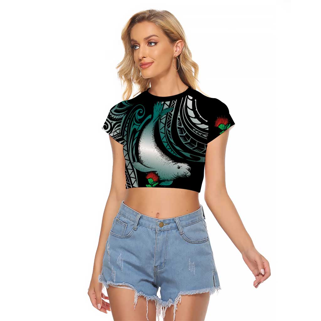 Aloha Hawaii Monk Seal Raglan Cropped T Shirt Mix Ohia Lehua LT7 Female Teal - Polynesian Pride