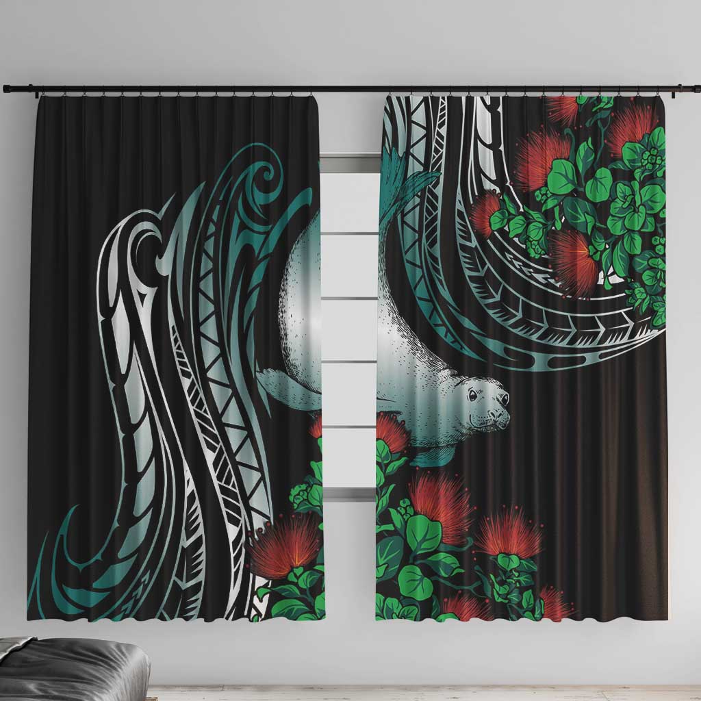 Aloha Hawaii Monk Seal Window Curtain Mix Ohia Lehua LT7 With Hooks Teal - Polynesian Pride