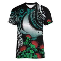 Aloha Hawaii Monk Seal Women V-Neck T-Shirt Mix Ohia Lehua LT7 Female Teal - Polynesian Pride