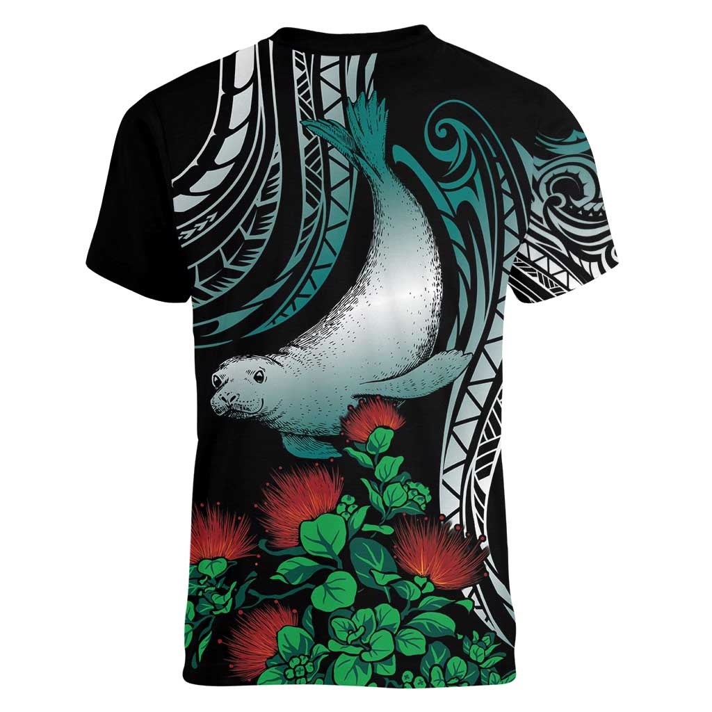 Aloha Hawaii Monk Seal Women V-Neck T-Shirt Mix Ohia Lehua LT7 - Polynesian Pride