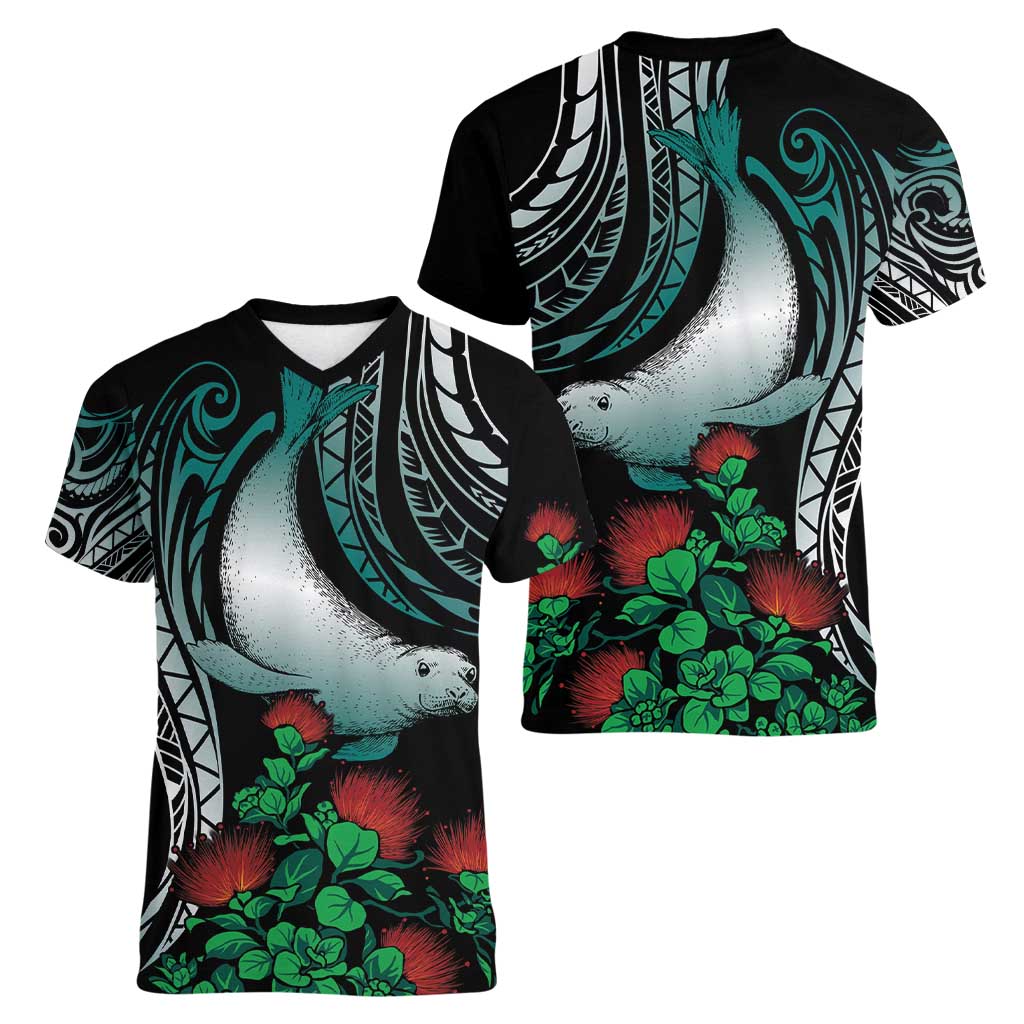 Aloha Hawaii Monk Seal Women V-Neck T-Shirt Mix Ohia Lehua LT7 - Polynesian Pride