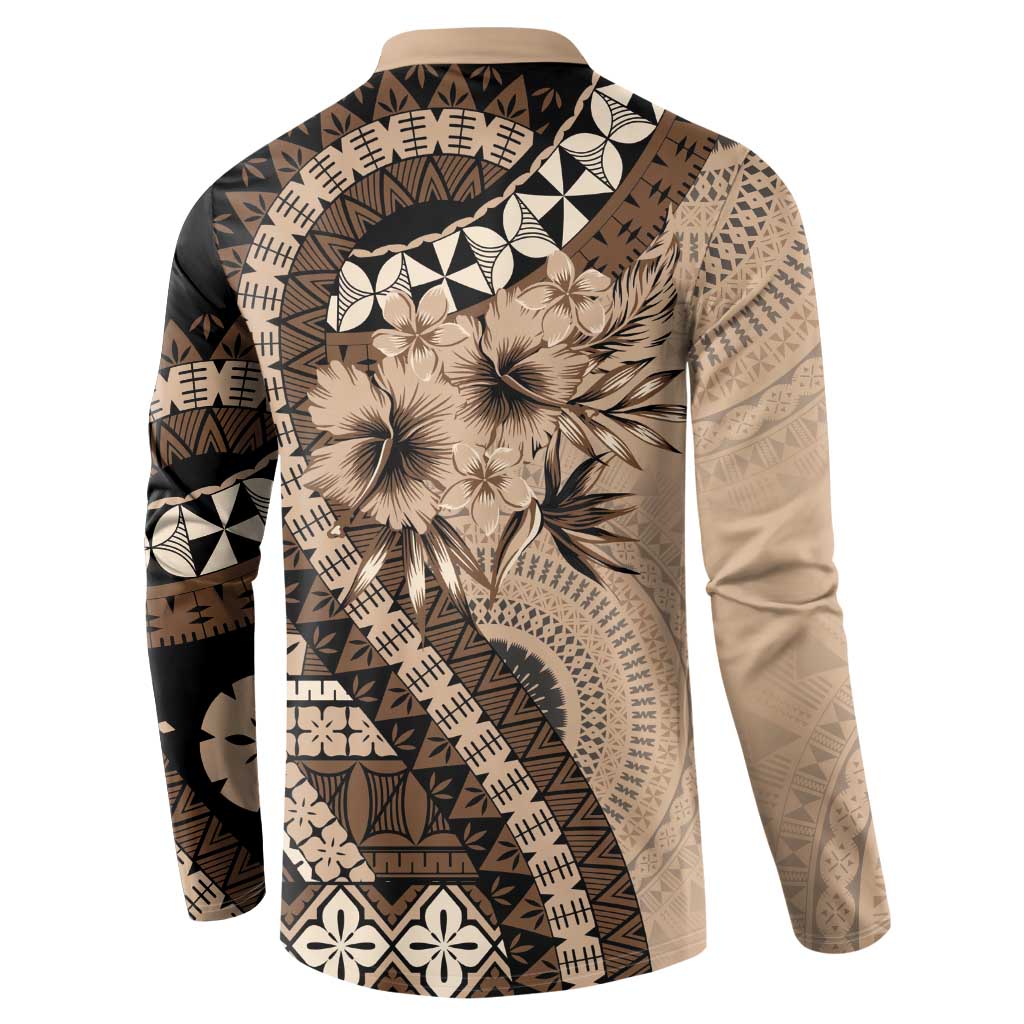 Bula Fiji Button Sweatshirt Mocha Brown Kaivity Masi Tapa