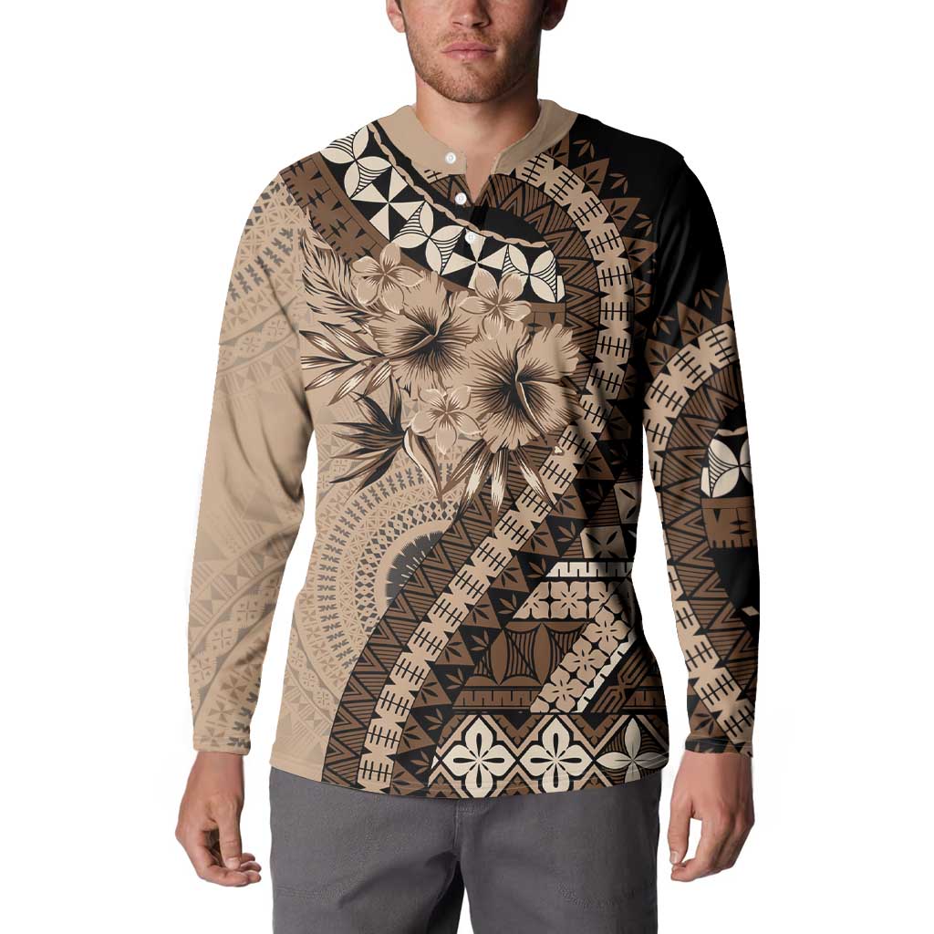 Bula Fiji Button Sweatshirt Mocha Brown Kaivity Masi Tapa
