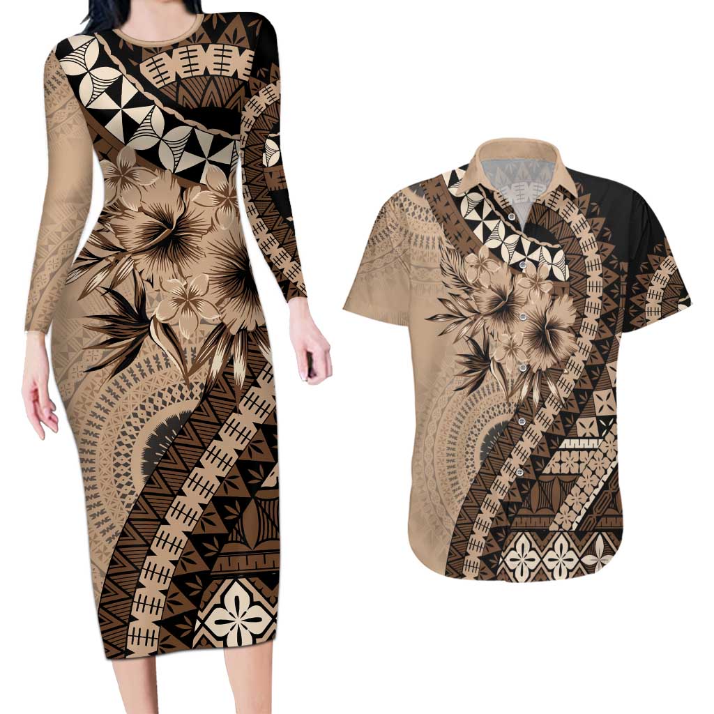 Bula Fiji Couples Matching Long Sleeve Bodycon Dress and Hawaiian Shirt Mocha Brown Kaivity Masi Tapa
