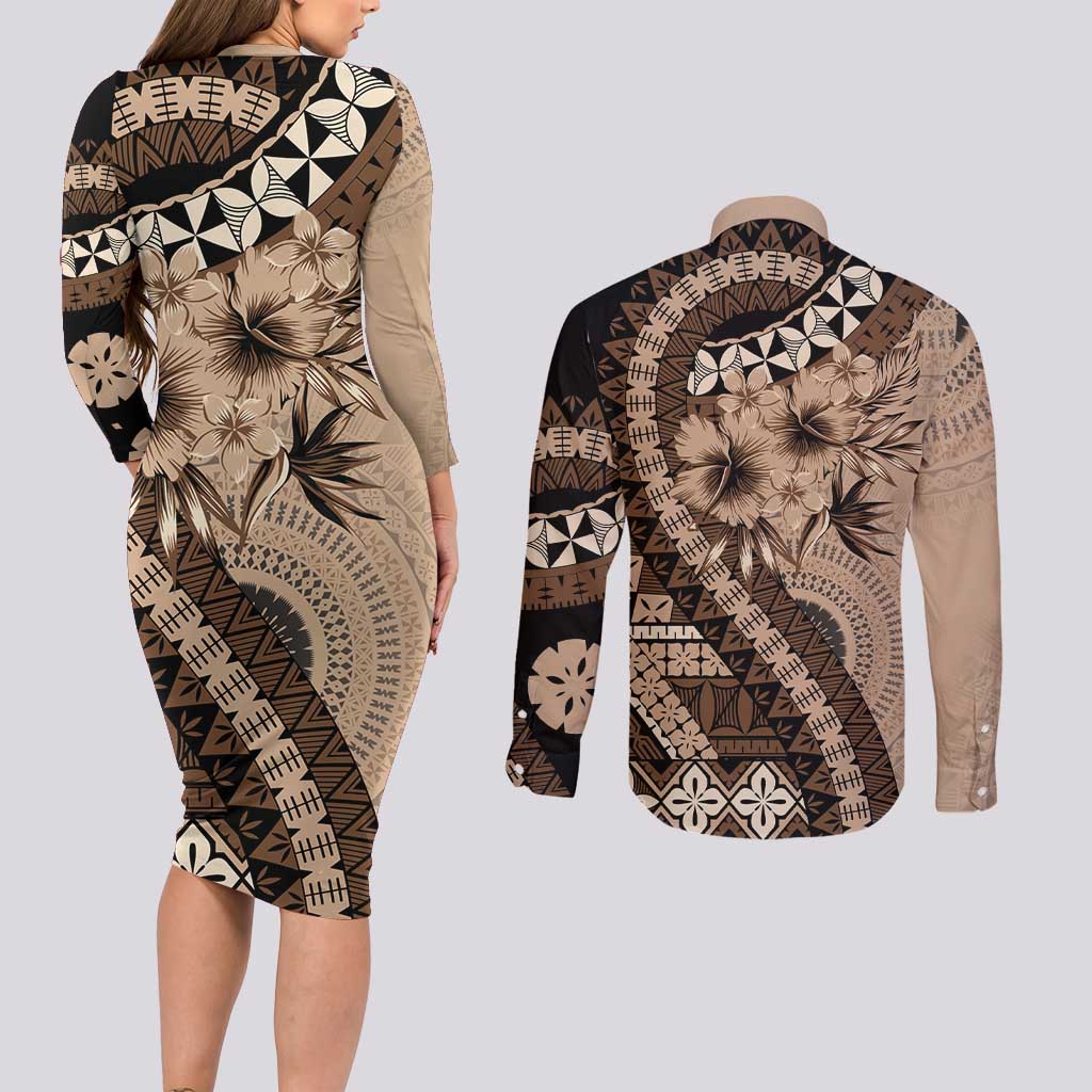 Bula Fiji Couples Matching Long Sleeve Bodycon Dress and Long Sleeve Button Shirt Mocha Brown Kaivity Masi Tapa
