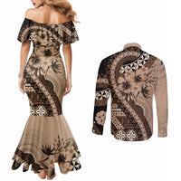 Bula Fiji Couples Matching Mermaid Dress and Long Sleeve Button Shirt Mocha Brown Kaivity Masi Tapa