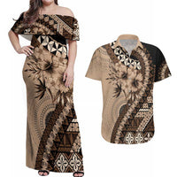 Bula Fiji Couples Matching Off Shoulder Maxi Dress and Hawaiian Shirt Mocha Brown Kaivity Masi Tapa