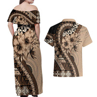 Bula Fiji Couples Matching Off Shoulder Maxi Dress and Hawaiian Shirt Mocha Brown Kaivity Masi Tapa