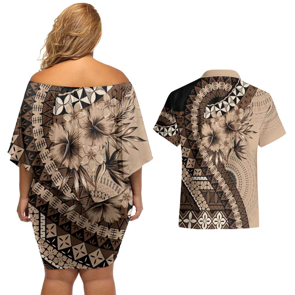Bula Fiji Couples Matching Off Shoulder Short Dress and Hawaiian Shirt Mocha Brown Kaivity Masi Tapa