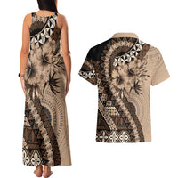 Bula Fiji Couples Matching Tank Maxi Dress and Hawaiian Shirt Mocha Brown Kaivity Masi Tapa