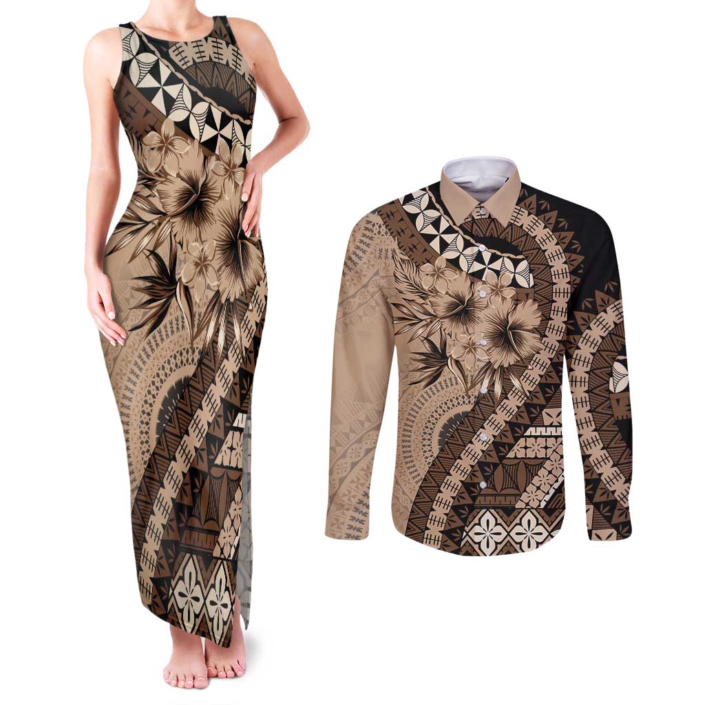 Bula Fiji Couples Matching Tank Maxi Dress and Long Sleeve Button Shirt Mocha Brown Kaivity Masi Tapa