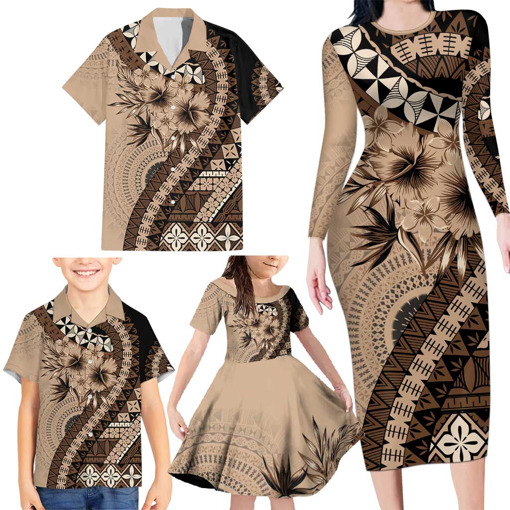 Bula Fiji Family Matching Long Sleeve Bodycon Dress and Hawaiian Shirt Mocha Brown Kaivity Masi Tapa