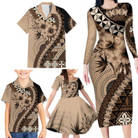 Bula Fiji Family Matching Long Sleeve Bodycon Dress and Hawaiian Shirt Mocha Brown Kaivity Masi Tapa