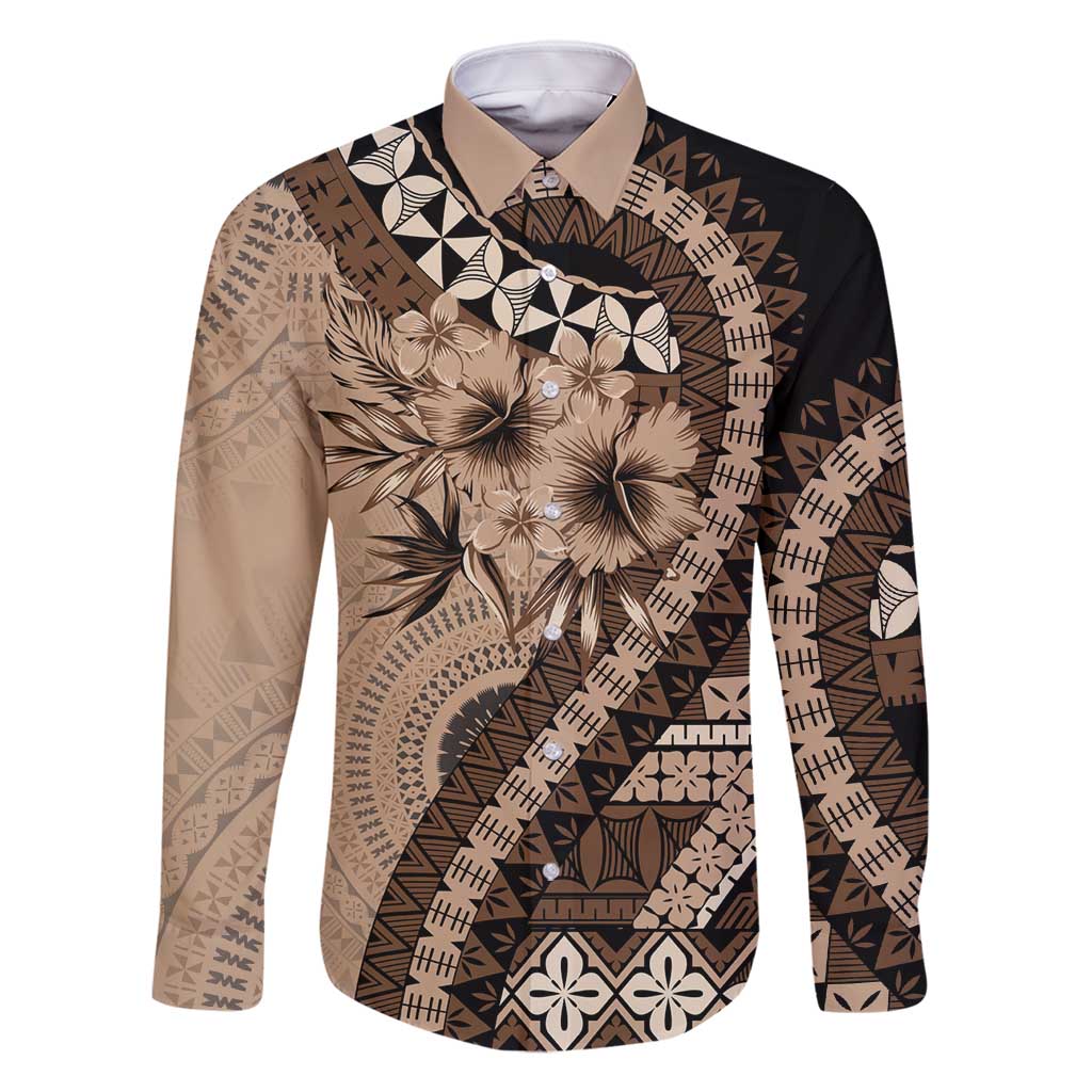 Bula Fiji Family Matching Long Sleeve Bodycon Dress and Hawaiian Shirt Mocha Brown Kaivity Masi Tapa