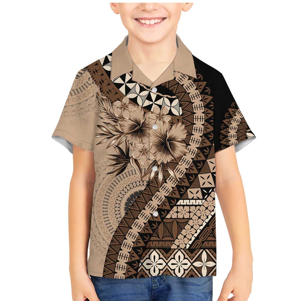 Bula Fiji Family Matching Mermaid Dress and Hawaiian Shirt Mocha Brown Kaivity Masi Tapa