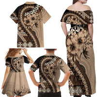 Bula Fiji Family Matching Off Shoulder Maxi Dress and Hawaiian Shirt Mocha Brown Kaivity Masi Tapa
