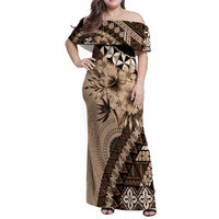 Bula Fiji Family Matching Off Shoulder Maxi Dress and Hawaiian Shirt Mocha Brown Kaivity Masi Tapa
