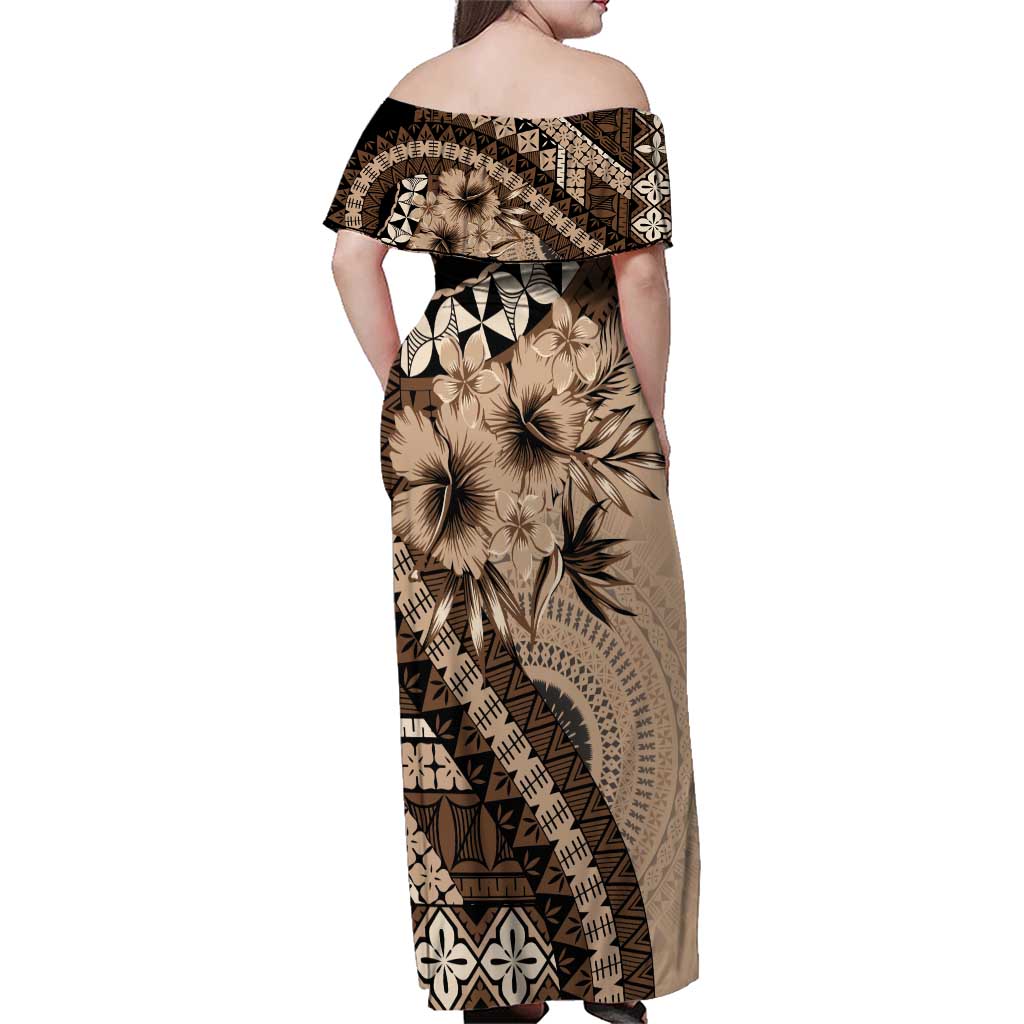 Bula Fiji Family Matching Off Shoulder Maxi Dress and Hawaiian Shirt Mocha Brown Kaivity Masi Tapa