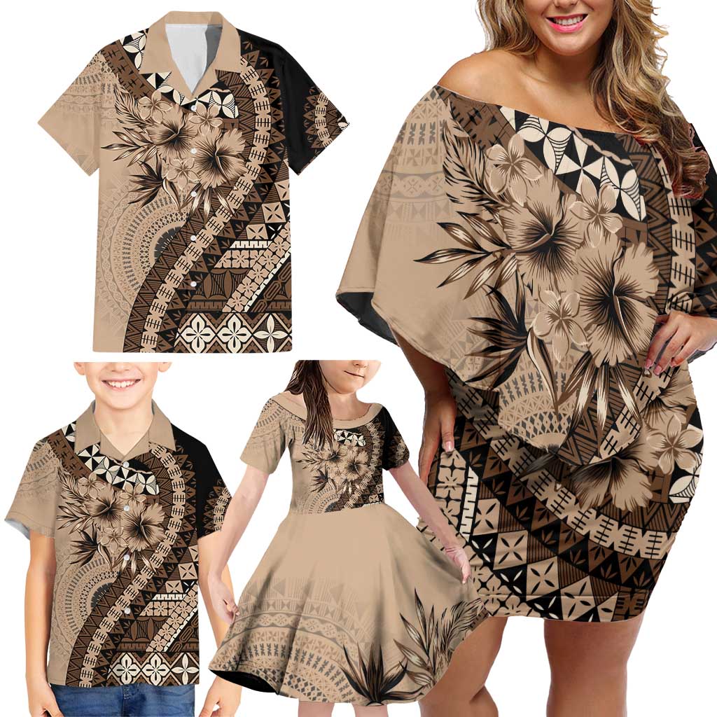 Bula Fiji Family Matching Off Shoulder Short Dress and Hawaiian Shirt Mocha Brown Kaivity Masi Tapa