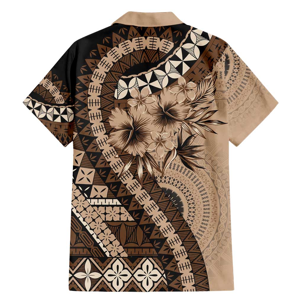 Bula Fiji Family Matching Off Shoulder Short Dress and Hawaiian Shirt Mocha Brown Kaivity Masi Tapa