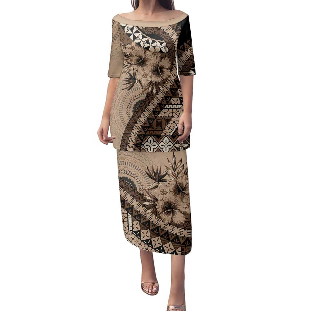 Bula Fiji Family Matching Puletasi and Hawaiian Shirt Mocha Brown Kaivity Masi Tapa