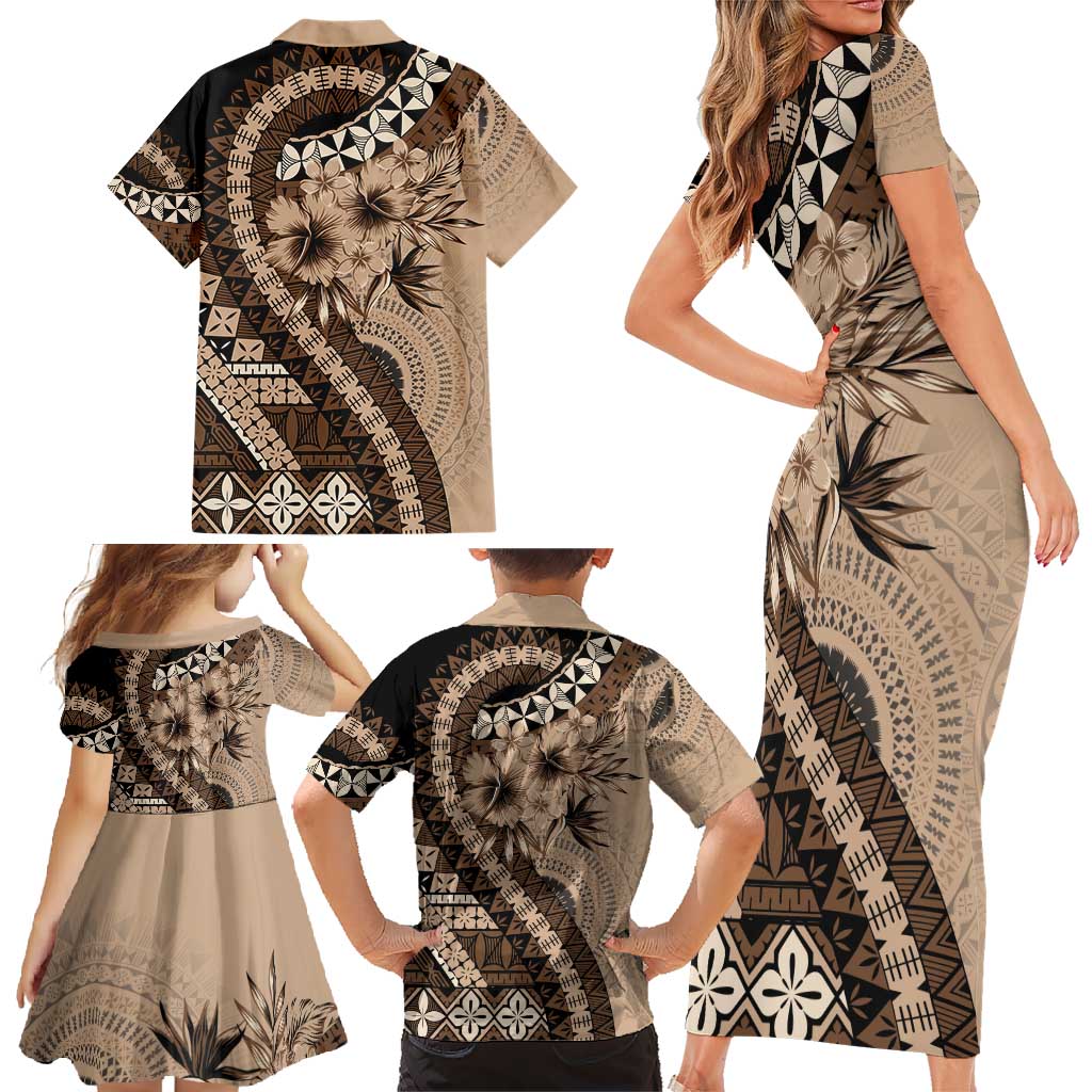 Bula Fiji Family Matching Short Sleeve Bodycon Dress and Hawaiian Shirt Mocha Brown Kaivity Masi Tapa