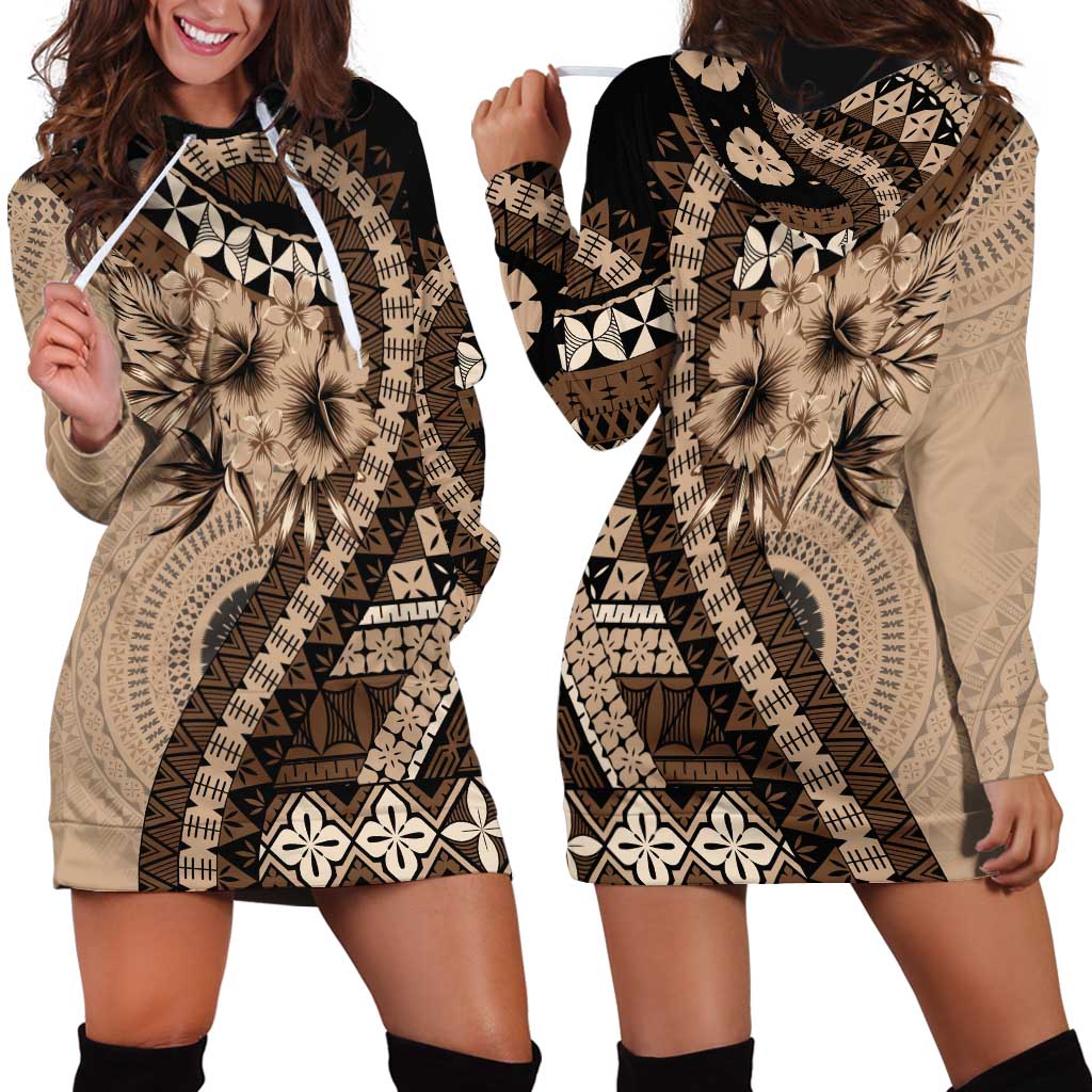 Bula Fiji Hoodie Dress Mocha Brown Kaivity Masi Tapa