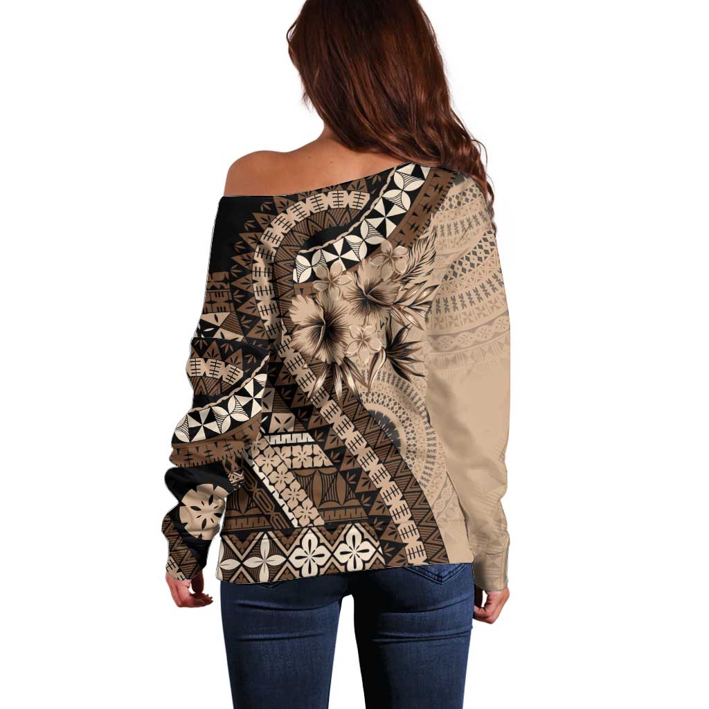 Bula Fiji Off Shoulder Sweater Mocha Brown Kaivity Masi Tapa