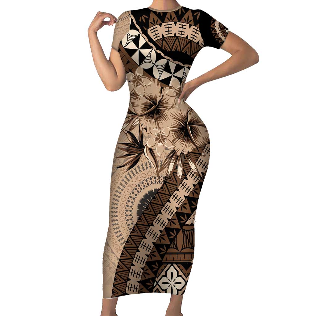 Bula Fiji Short Sleeve Bodycon Dress Mocha Brown Kaivity Masi Tapa