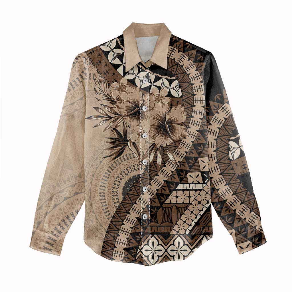 Bula Fiji Women Casual Shirt Mocha Brown Kaivity Masi Tapa