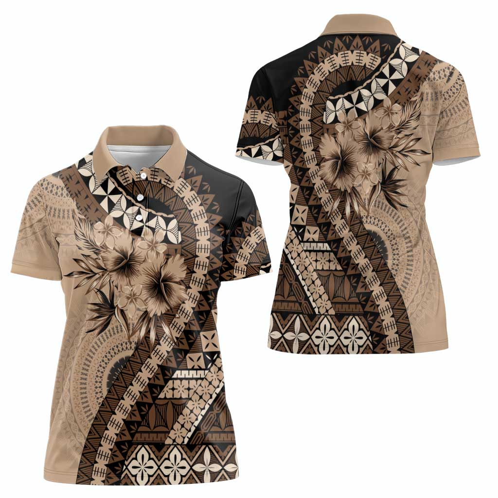 Bula Fiji Women Polo Shirt Mocha Brown Kaivity Masi Tapa
